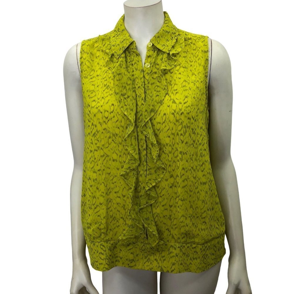 CAbi Blouse Top Chartreuse Yellow Sleeveless Ruffle Front SM